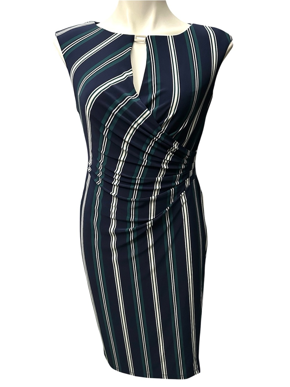 Lauren Ralph Lauren Navy Blue White Striped Sleeveless Faux Wrap Dress - Size 4